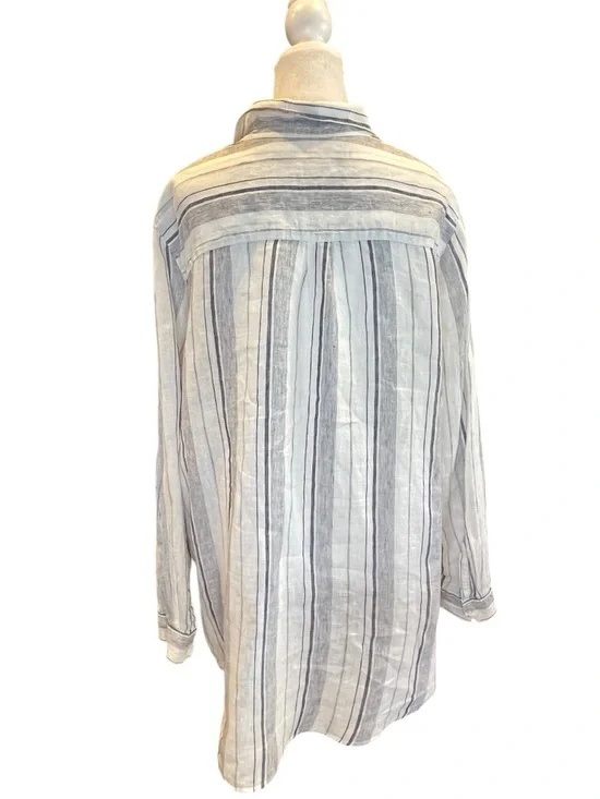 Coastal European Linen Oversized Boyfriend Shirt Blue Stripe Relaxed Chic - Picture 4 of 8